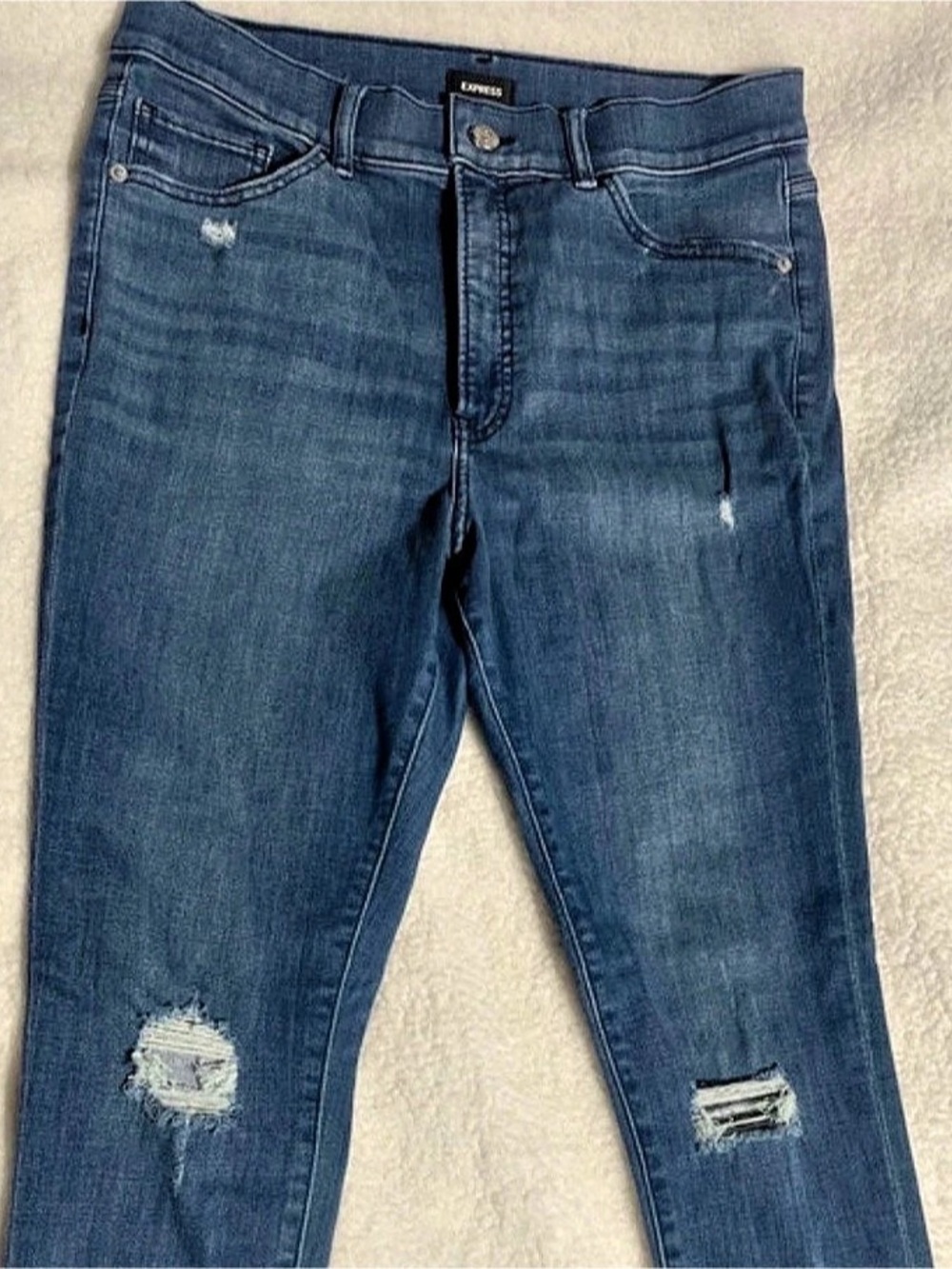 Express High Waisted Hyper Stretch Distressed Skinny Jeans Blue Skinny Jeans 12R